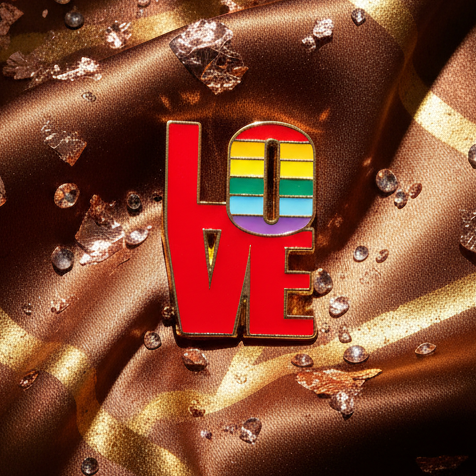 LOVE Pride Enamel Pin: Bold red letters with a rainbow-striped O in a gold outline, set on shimmering satin, celebrating LGBTQ+ pride and self-expression.