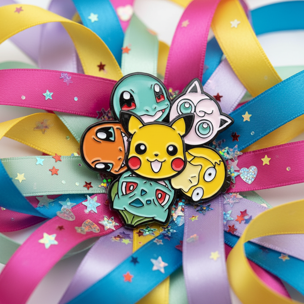 Pokemon Friends Enamel Pin featuring Pikachu, Charmander, Squirtle, Jigglypuff, Psyduck, and Ivysaur, nestled among vibrant satin ribbons and star confetti, celebrating queer pride and self-expression with bold flair.