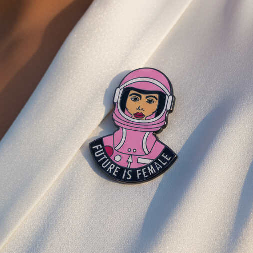 Close-up of a pink astronaut enamel pin reading “FUTURE IS FEMALE”