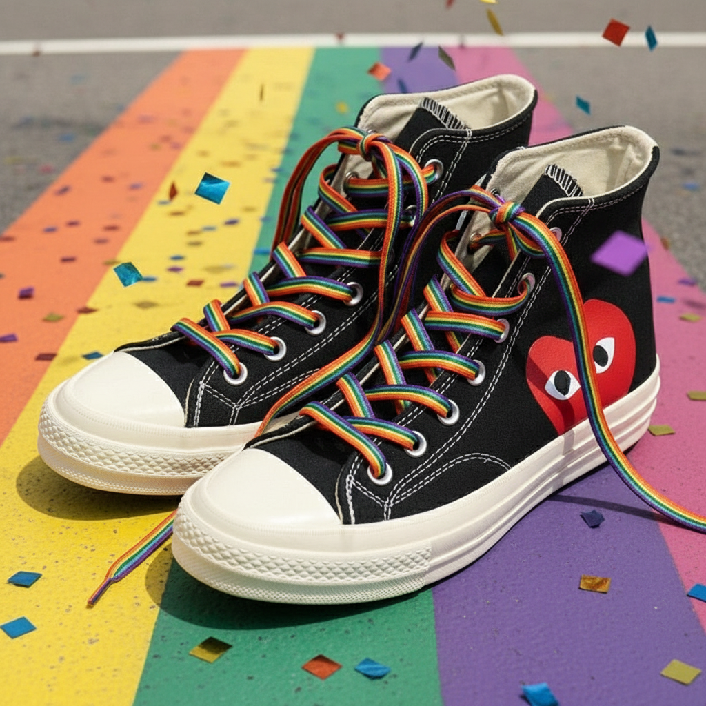 Black high-top sneakers with rainbow-striped laces and red heart patches