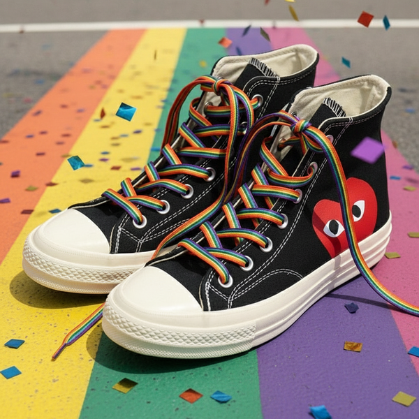 Black high-top sneakers with rainbow-striped laces and red heart patches