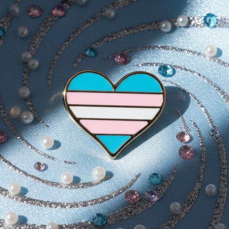 Trans Pride Heart Enamel Pin, featuring pink, white, and blue stripes, surrounded by faux pearls and glitter. A vibrant symbol of queer pride and self-expression from Queer In The World: The Shop.