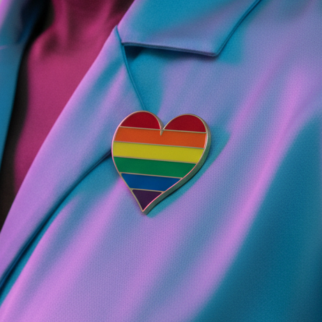 LGBT Pride heart enamel pin with rainbow stripes on a blue jacket