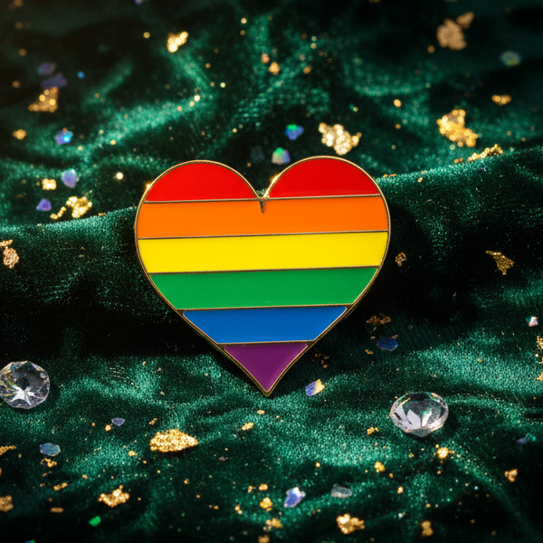 LGBT Pride Heart Enamel Pin, a bold, rainbow-striped heart symbolizing LGBTQ+ pride, rests on glittery green velvet, exuding vibrant self-expression and empowering visibility for queer individuals.