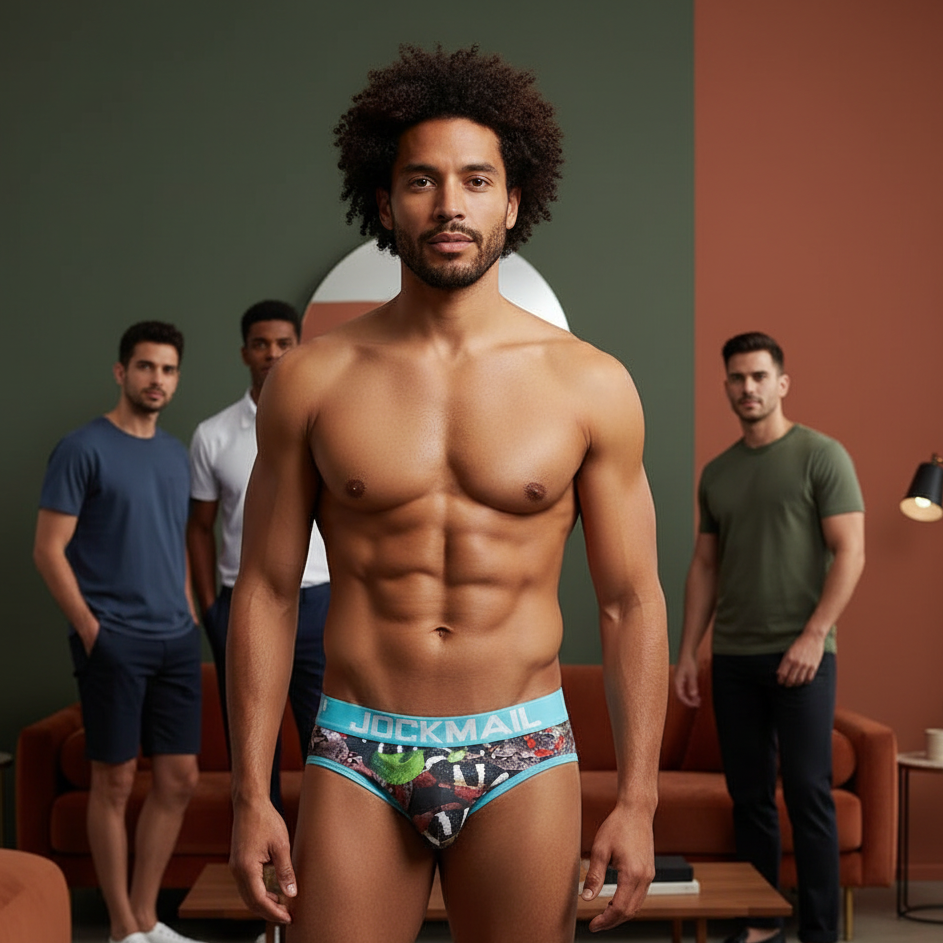 A muscular man in Jockmail Anaconda Briefs stands confidently in a modern room with earth-toned walls, rust sofa, and three casually dressed men.