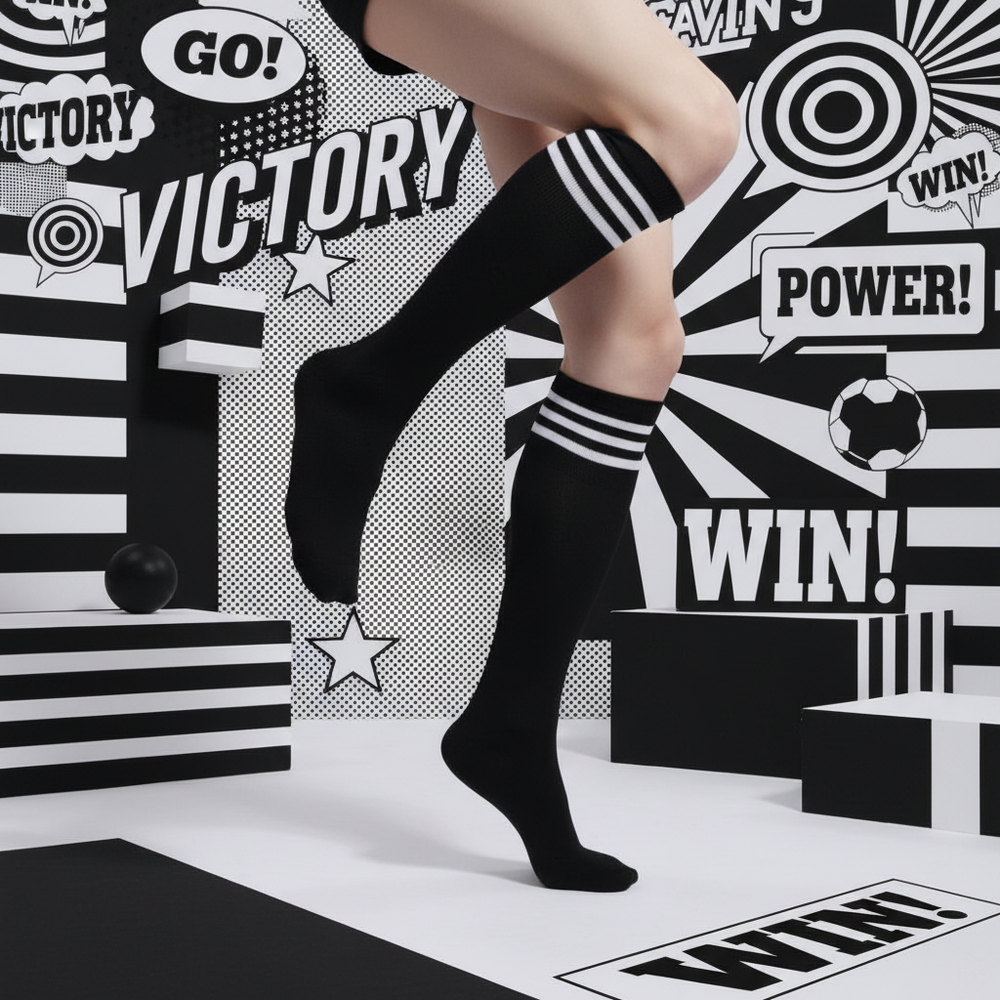 Black knee-high sports socks with three white stripes, worn in a graphic sports-themed studio
