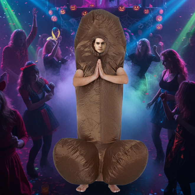 Person in an inflatable brown penis costume poses with hands together at a Halloween party