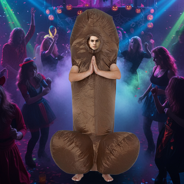 Person in an inflatable brown penis costume poses with hands together at a Halloween party