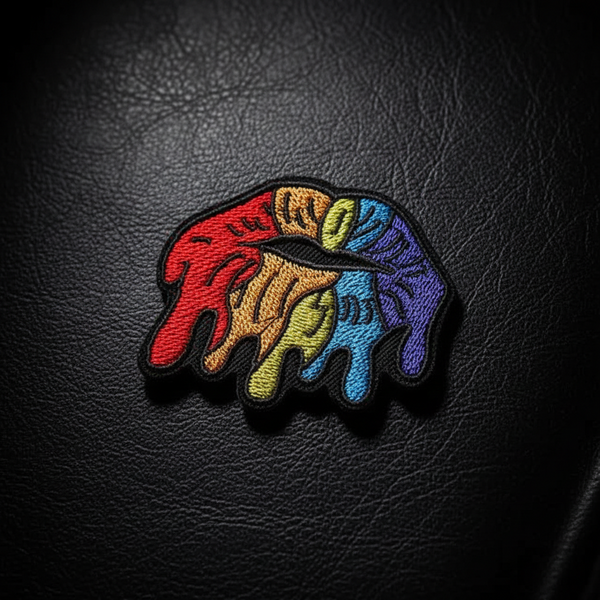 Embroidered LGBT patch with a rainbow melted-lips design on black leather-like fabric