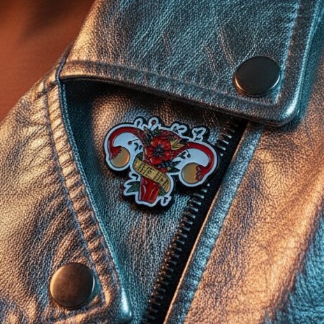 Close-up of the Grow A Pair Enamel Pin, a fierce uterus design with red flowers and a banner, proudly displayed on a metallic leather jacket lapel, celebrating queer pride and self-expression.