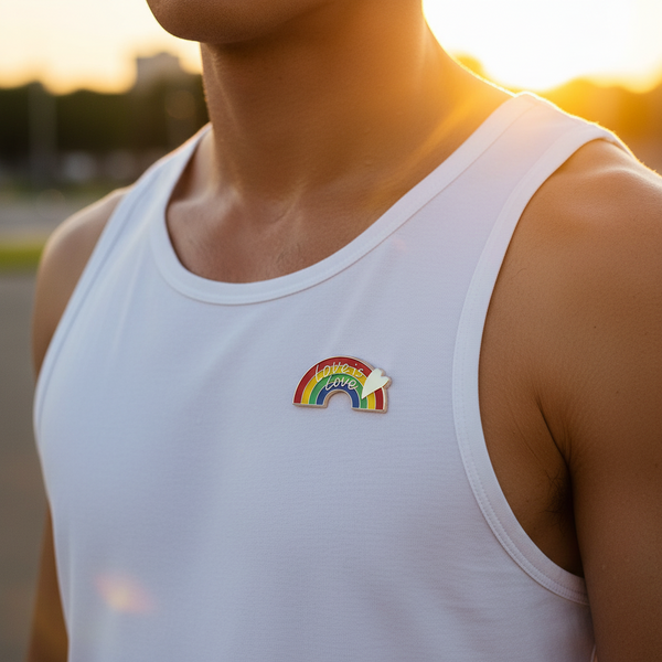 Close-up of a rainbow “Love is Love” enamel pin on a white tank top