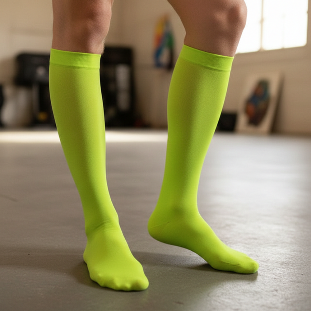 Lower legs and feet in neon green Coloured Tube Sports Socks stand on a light gray floor; art studio blur in the background.