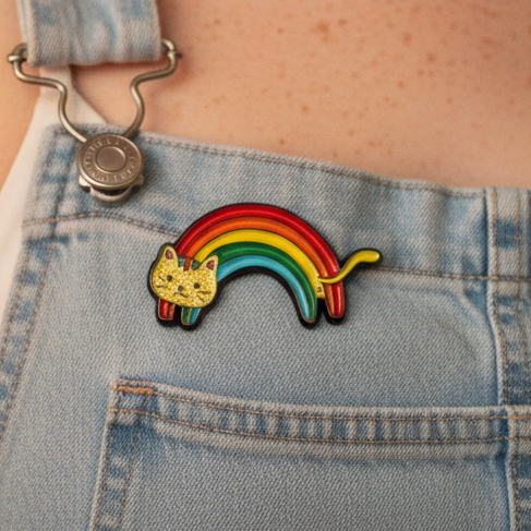 Rainbow cat enamel pin attached to the chest pocket of light-wash denim overalls