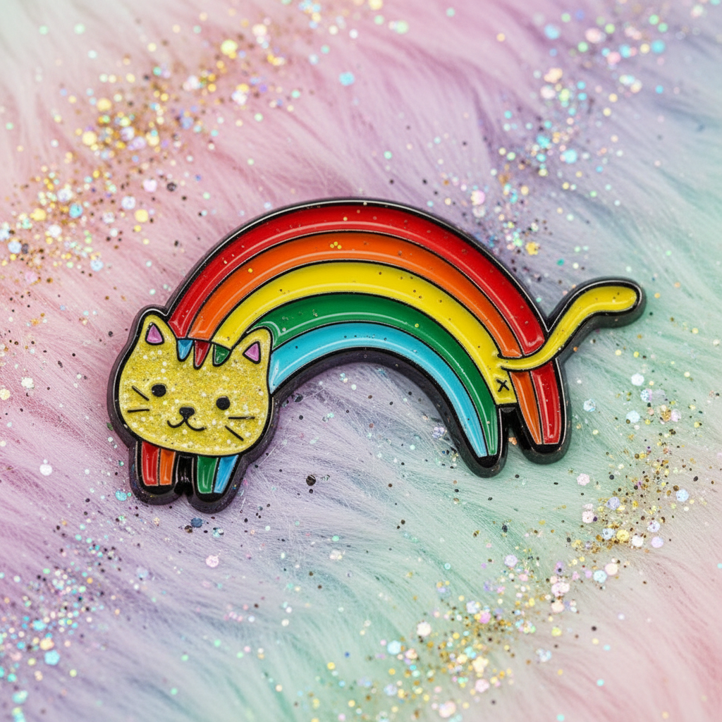 Rainbow Cat Enamel Pin: A vibrant, rainbow-striped cat-shaped enamel pin with a glittery gold cat head and tail, embodying prideful self-expression and LGBTQIA+ empowerment, set on a soft, glittering pastel backdrop.
