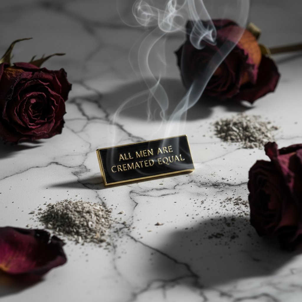 Close-up of a black enamel pin reading “ALL MEN ARE CREMATED EQUAL,” framed by roses and ashes