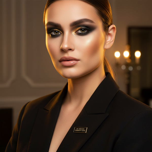 Model wearing a black blazer with an enamel pin reading “ALL MEN ARE CREMATED EQUAL”
