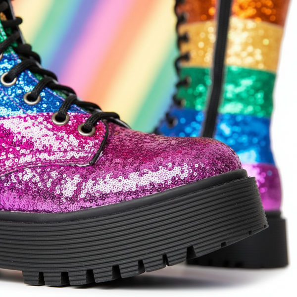 Close-up of rainbow sequin mid-calf boots with black laces and chunky platform soles