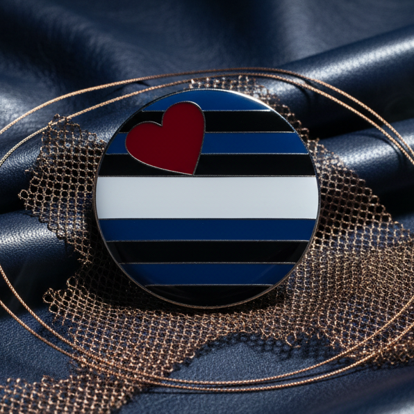 Round leather pride enamel badge with blue, black and white stripes and a red heart