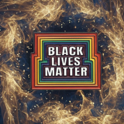 LGBT Black Lives Matter Enamel Pin featuring a bold rectangular badge adorned with rainbow stripes and dynamic gold and blue swirls, embodying pride, empowerment, and self-expression.