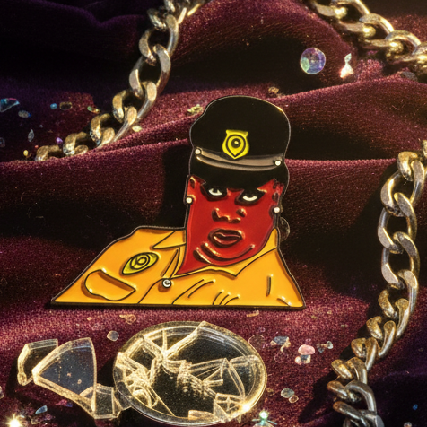 Latrice Royale enamel pin with a red-faced, uniformed character and oversized gold glasses
