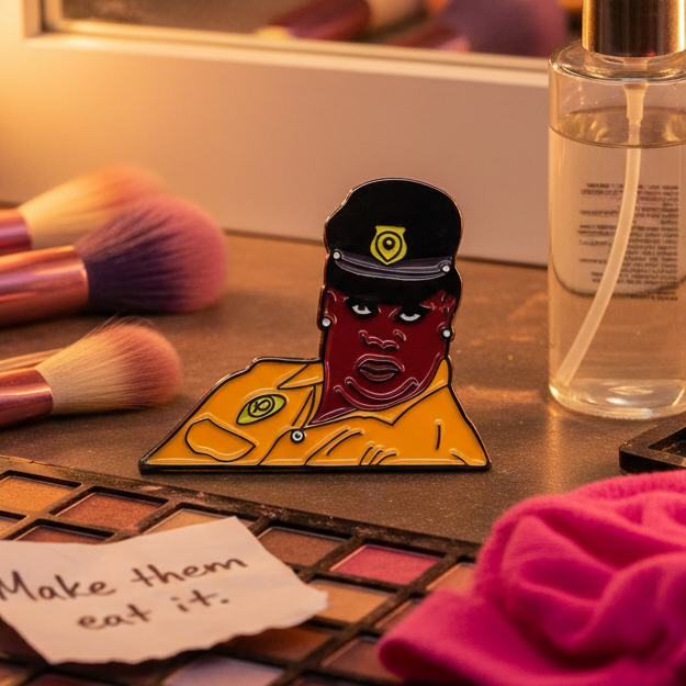 Latrice Royale enamel pin showing a stylized portrait in a yellow uniform