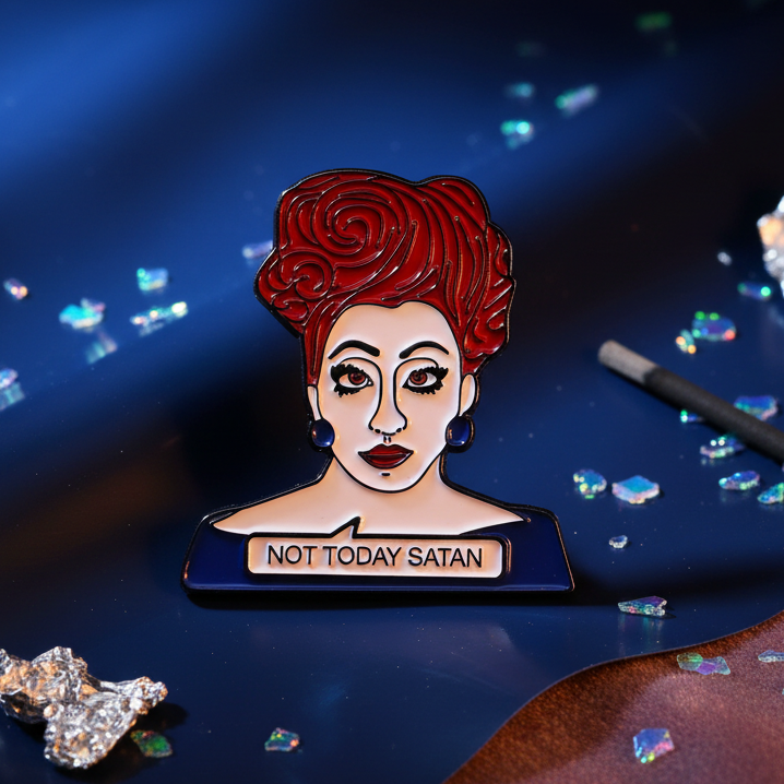 Not Today Satan Enamel Pin featuring a vibrant queer figure with red curls and bold makeup, surrounded by iridescent confetti, embodying pride and empowerment with a playful, fierce statement.