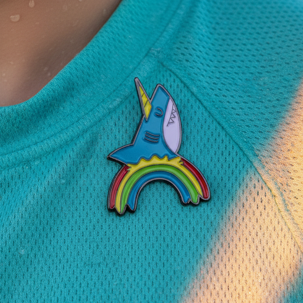 Close-up of a rainbow shark enamel pin attached to a turquoise mesh shirt