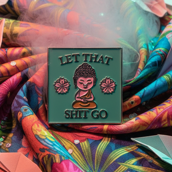 “LET THAT SHIT GO” enamel pin with a meditating figure and flowers