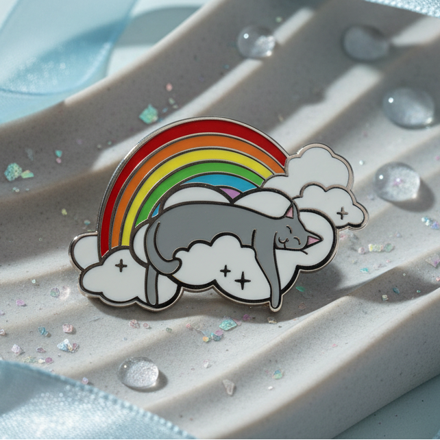 Rainbow cat enamel pin resting on clouds beside a colorful rainbow
