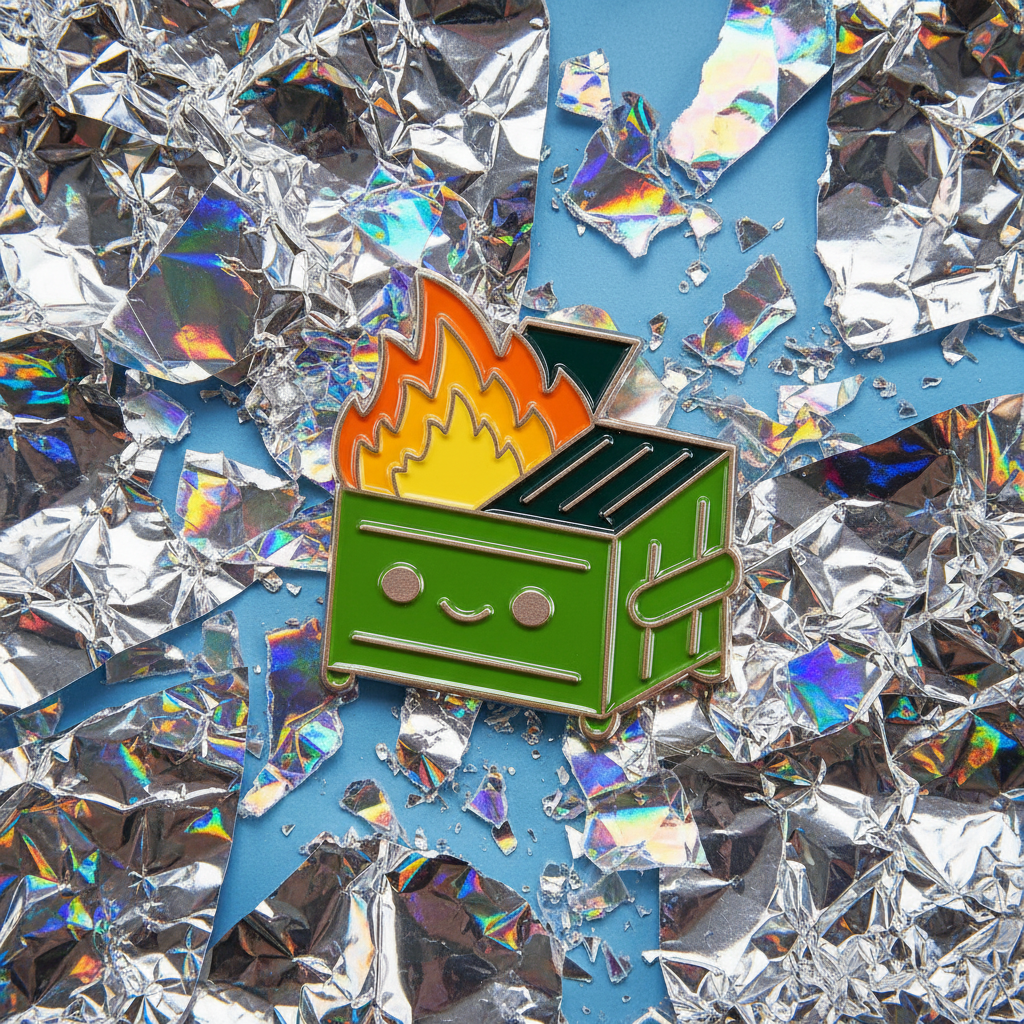Dumpster fire enamel pin with a smiling green trash can and orange-yellow flames