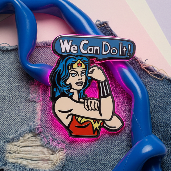Close-up of a Rosie the Riveter enamel pin reading “We Can Do It!” on distressed denim