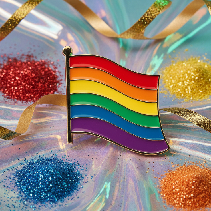 Rainbow LGBT Pride flag enamel pin on an iridescent surface with scattered glitter