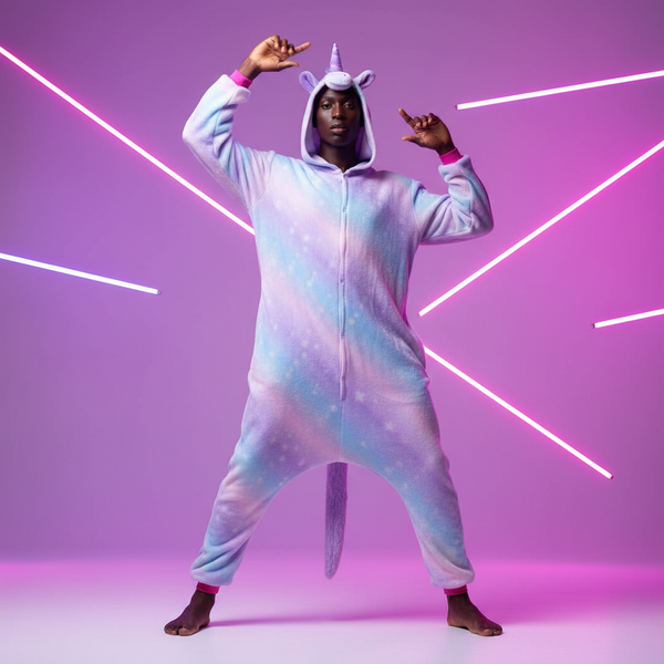 Model wearing a pastel rainbow unicorn onesie with hood, horn, ears, zipper, and tail