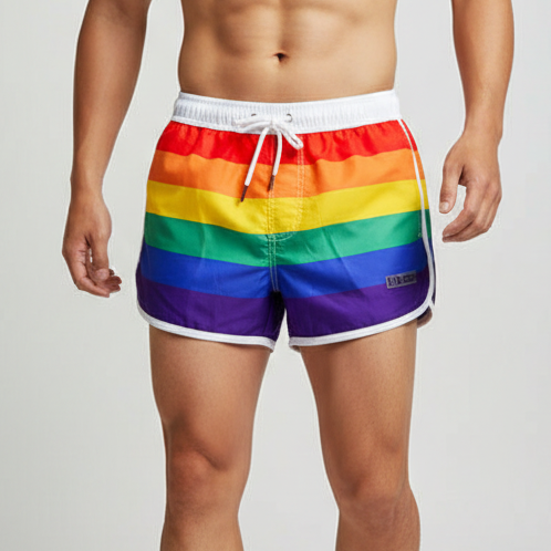 Gay Pride swim shorts with bold horizontal rainbow stripes and a white drawstring waistband, repping the classic LGBT flag colors.