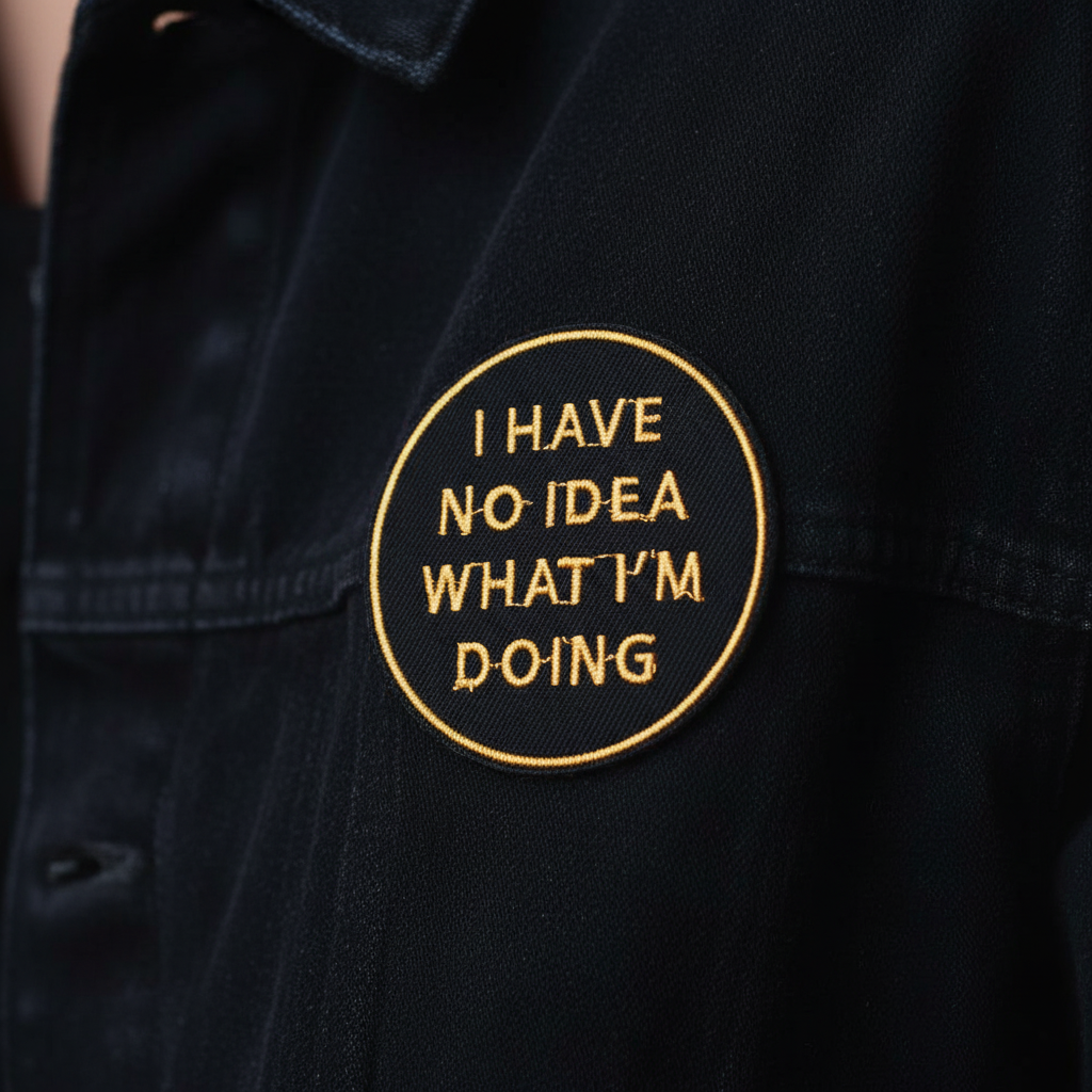 Round black iron-on patch with gold "I Have No Idea What I'm Doing" text, on a black denim jacket chest pocket.