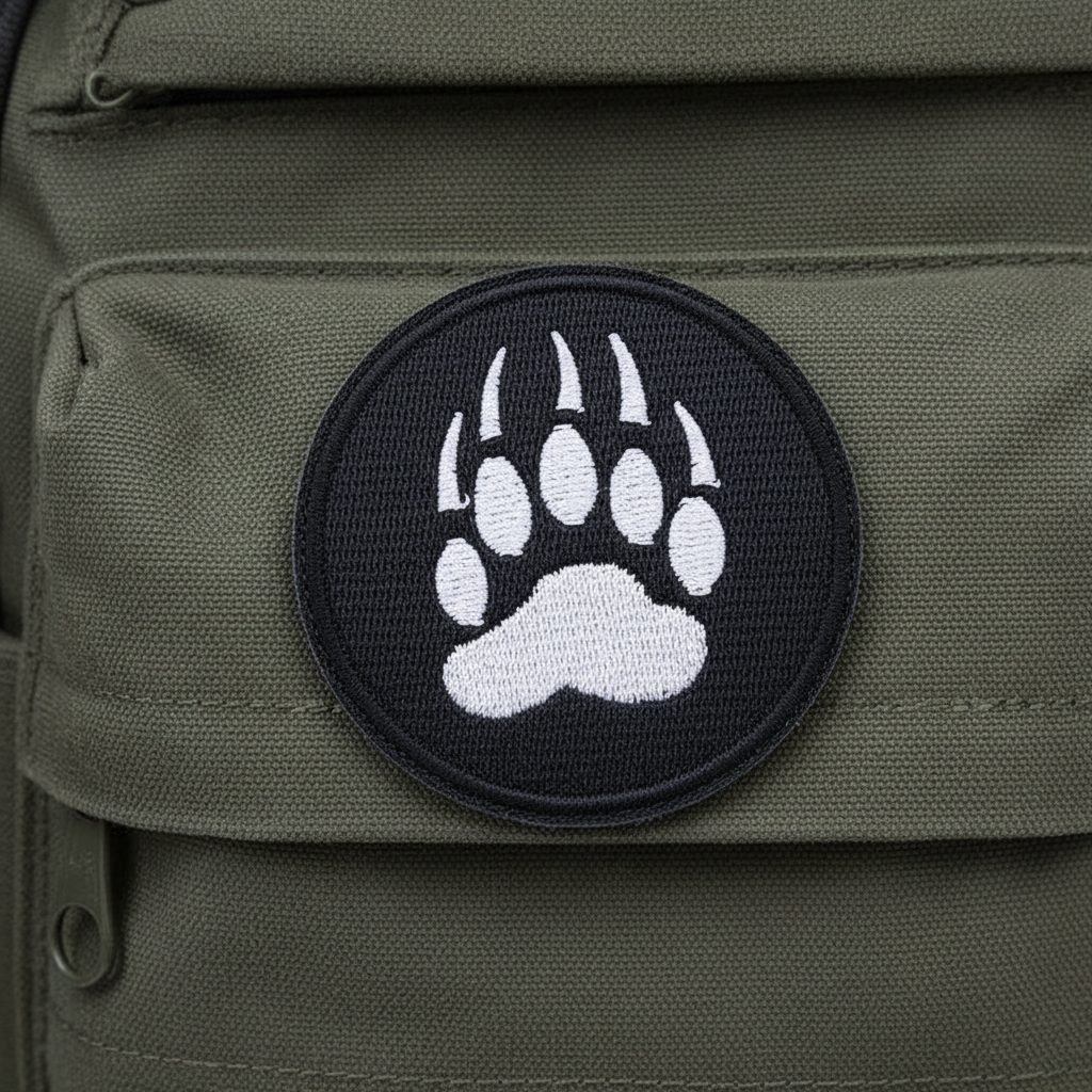 Paw Print Iron-On Embroidered Patch with bold black bear paw and claws, outlined in black, on olive green fabric.