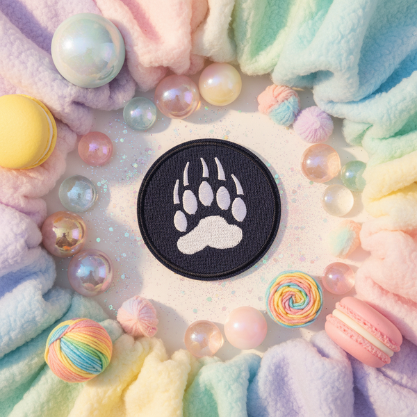 Black embroidered paw print iron-on patch surrounded by pastel rainbow craft decorations