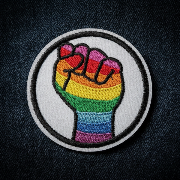 Embroidered rainbow fist iron-on patch with a black circular border