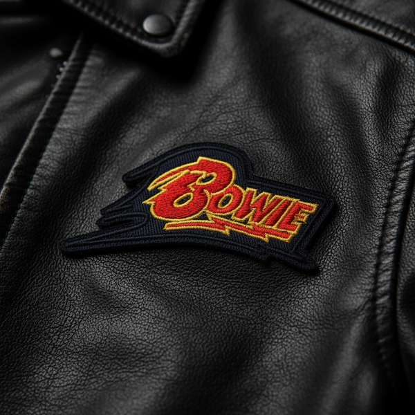 Embroidered Bowie iron-on patch with red and gold lettering on black faux leather