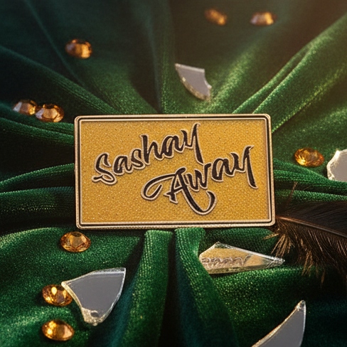 Gold “Sashay Away” enamel pin with script lettering on gathered green fabric
