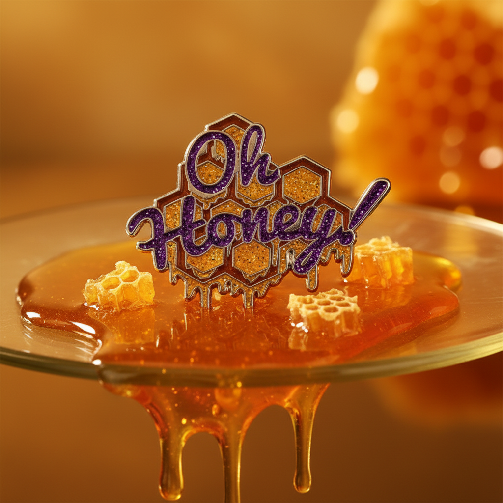 “Oh Honey” glitter enamel pin displayed on honeycomb and honey