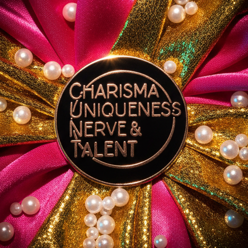 Charisma Uniqueness Nerve & Talent Enamel Pin featuring a round black disk with gold edges, metallic lettering, and vibrant hot-pink and gold pleated ribbons, accented by sparkling pearl-like beads for a bold, prideful statement.