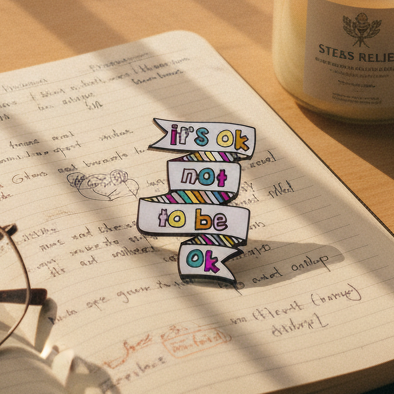 It's Ok Not To Be Ok Enamel Pin on an open notebook, promoting self-expression and pride in a sunlit desk scene with reading glasses and a lit 'STEBs RELIEF' candle, embodying queer empowerment.
