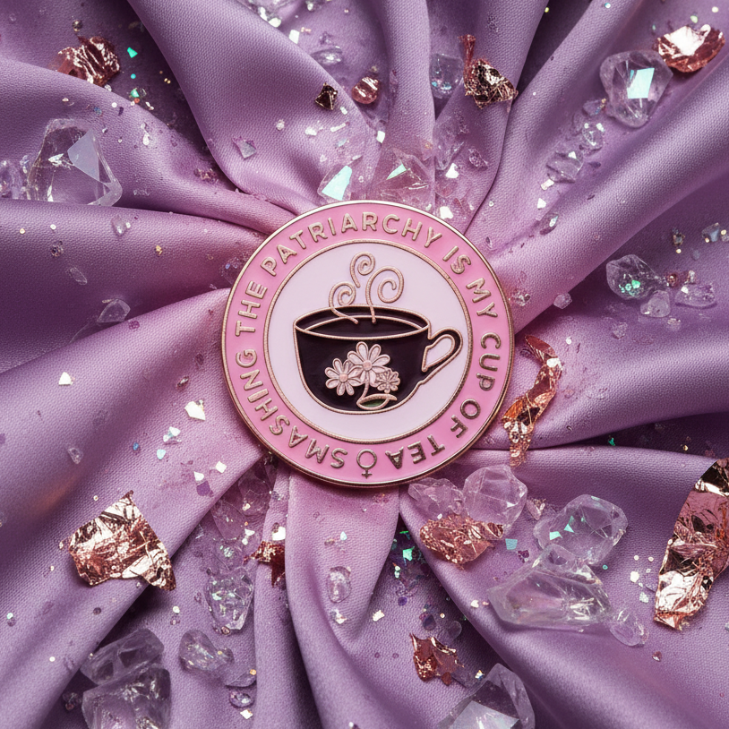 Smashing The Patriarchy Enamel Pin with a steaming teacup and feminist message, set on glittery lavender fabric, embodies bold self-expression and LGBTQIA+ pride. Perfect for showcasing fierce queer empowerment.