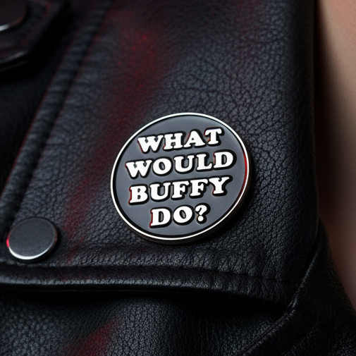 “WHAT WOULD BUFFY DO?” enamel pin on a black leather-textured surface