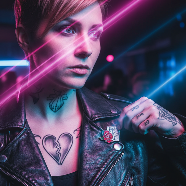 Young person in a black leather jacket holding the Fix Your Hearts Or Die enamel pin with a red rose and slogan, amidst vibrant neon lights in a lively, queer club scene.