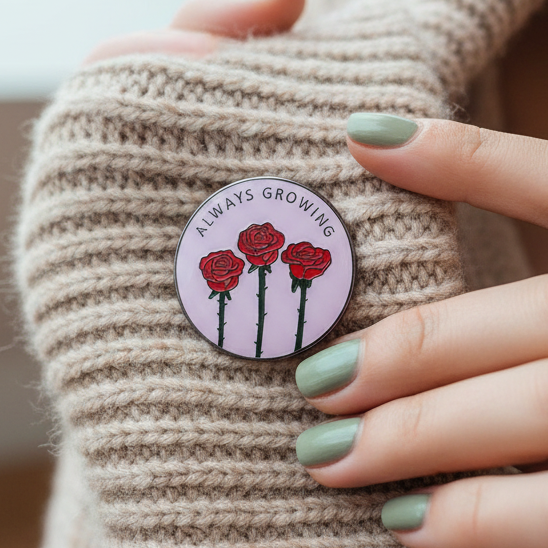 Always Growing enamel pin with three red roses on a lavender background, held against a knitted sleeve