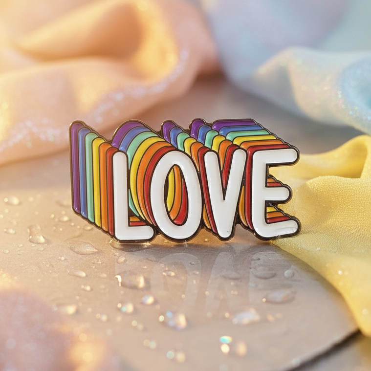 Pride Love Enamel Pin with bold white LOVE letters and rainbow stripes, resting on a smooth surface. Draped pastel fabrics create a dreamy background, celebrating LGBTQIA+ pride and self-expression.