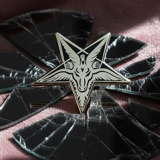 Close-up of a Lucifer enamel pin with a goat-head pentagram design on shattered black glass