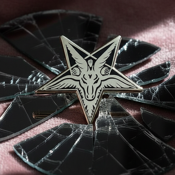 Close-up of a Lucifer enamel pin with a goat-head pentagram design on shattered black glass